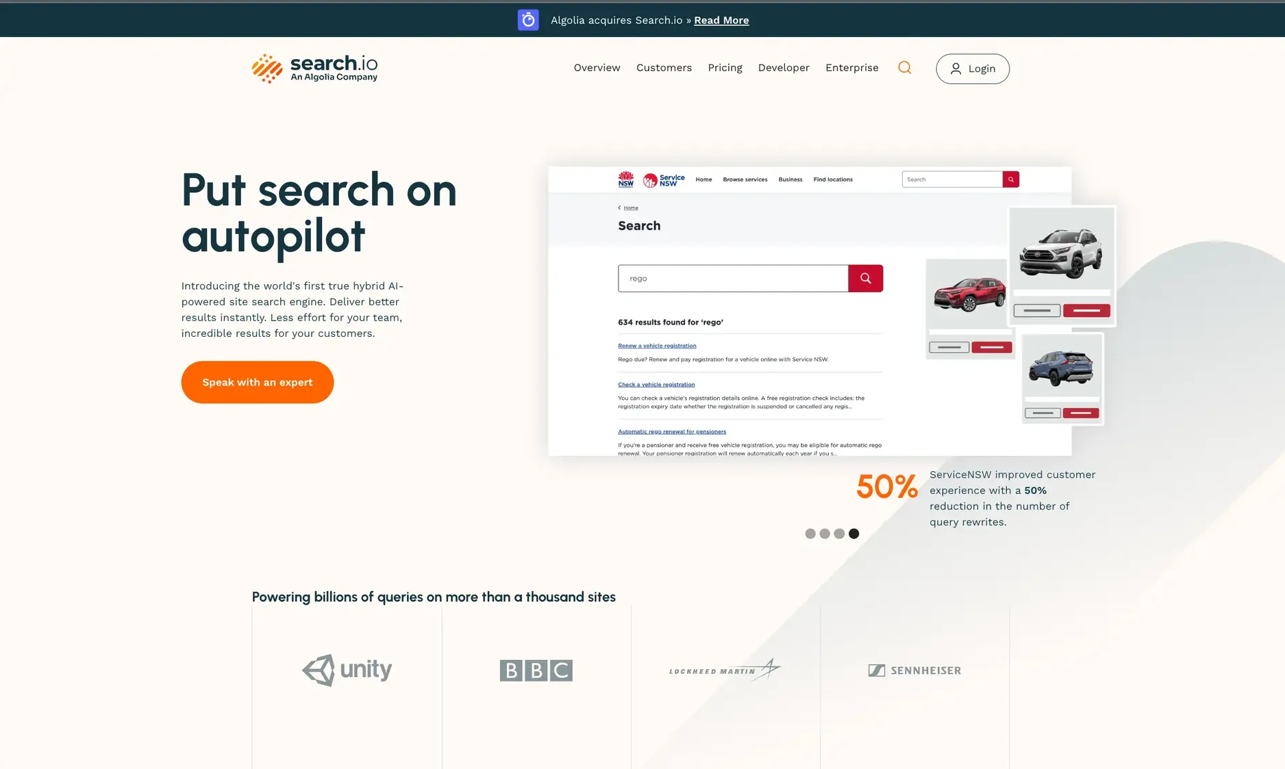 Search.io platform dashboard showing the AI-powered search controls