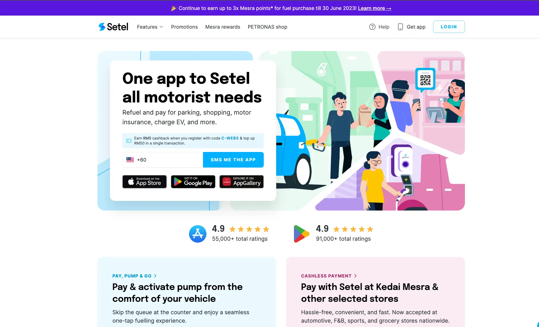 Setel mobile app interface showing fuel payment features