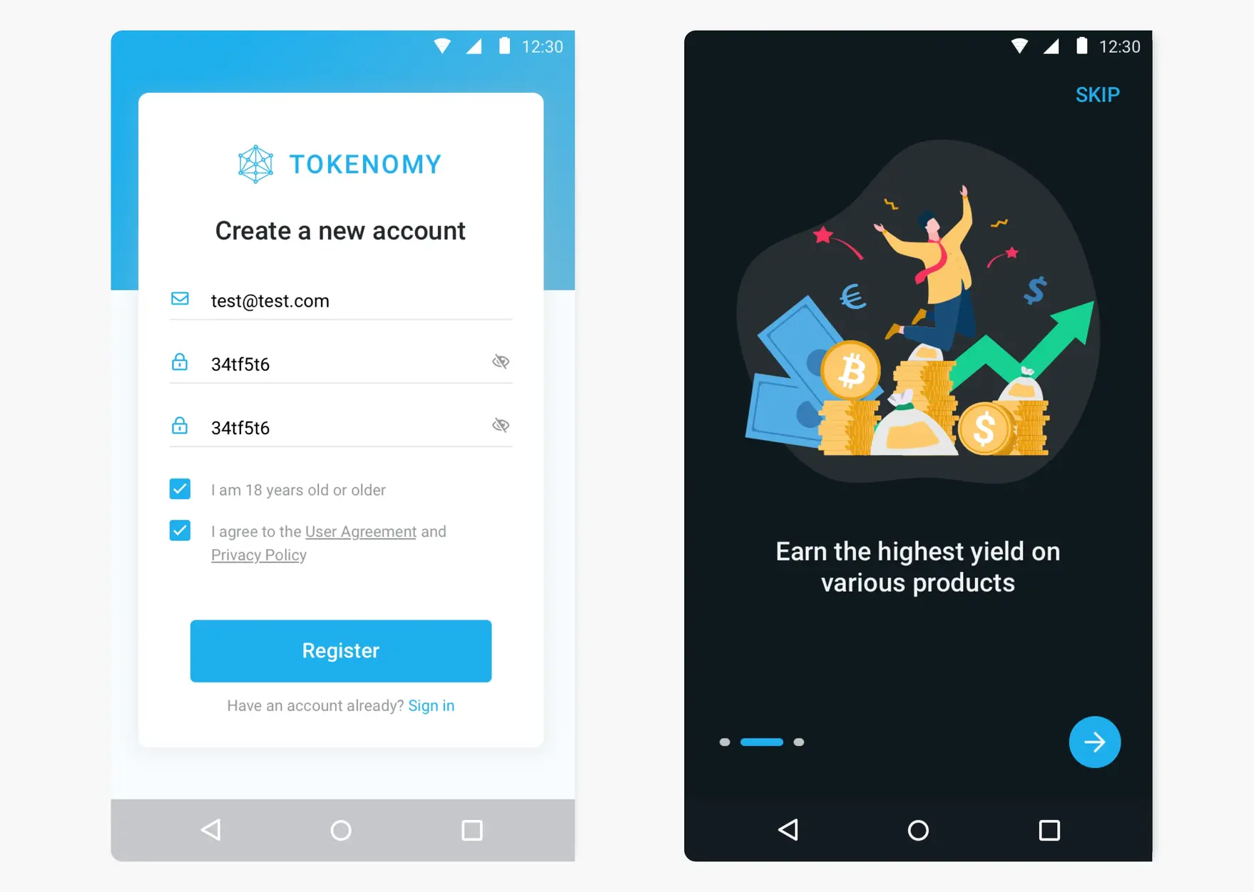 Tokenomy mobile app interface showing trading features