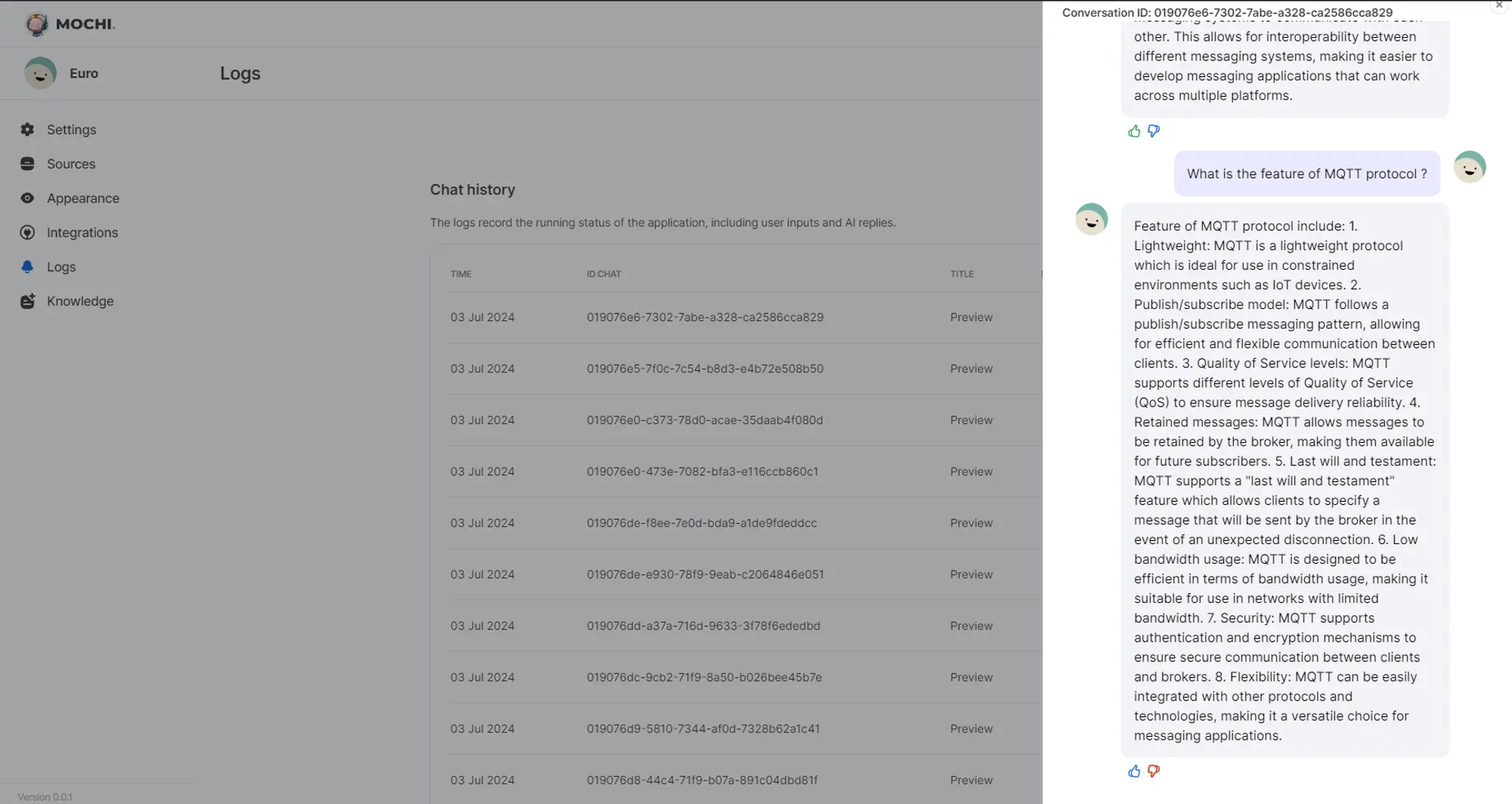History chat UI